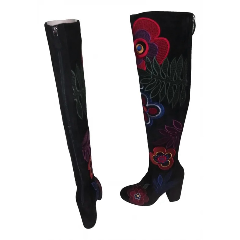 Laurence Dacade Floral Embroidered Black Knee-High Boots, size 35 EUR / 5 USA